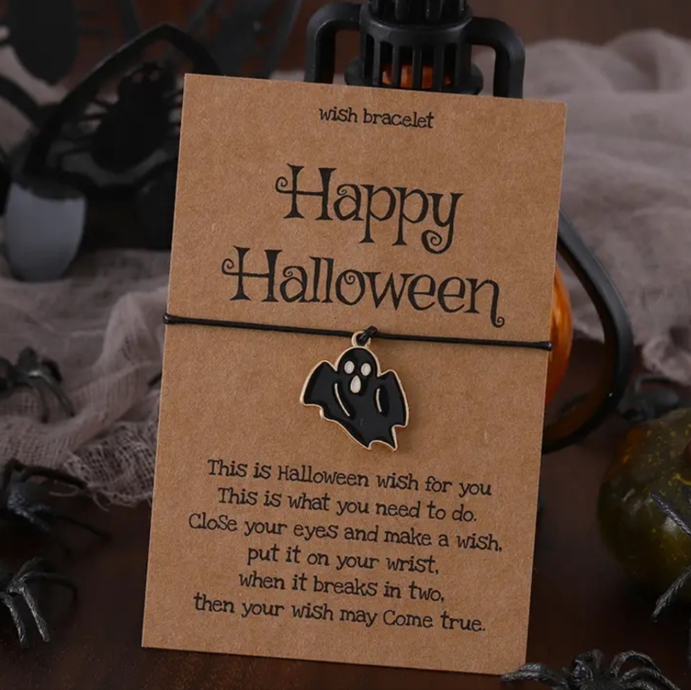 Happy Halloween wish bracelet black ghost charm BNWT spooky Holiday fall hocus